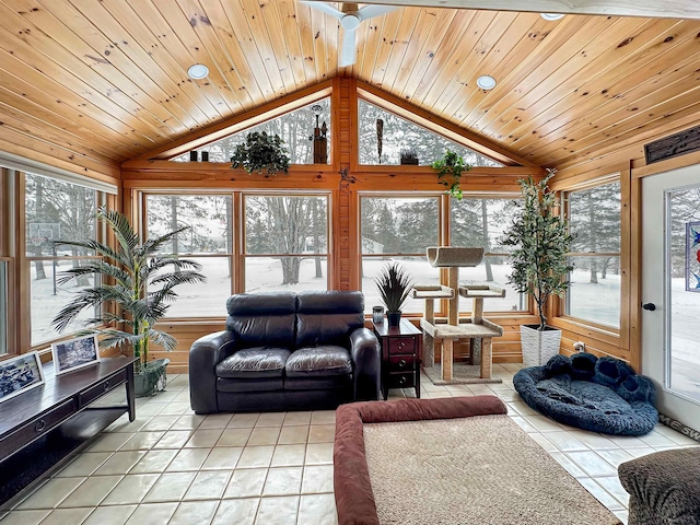 living area with vaulted ceiling, light tile patterned floors, and wooden ceiling