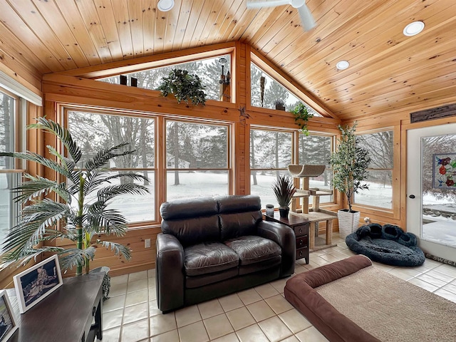 living room featuring wooden ceiling, light tile patterned flooring, and vaulted ceiling