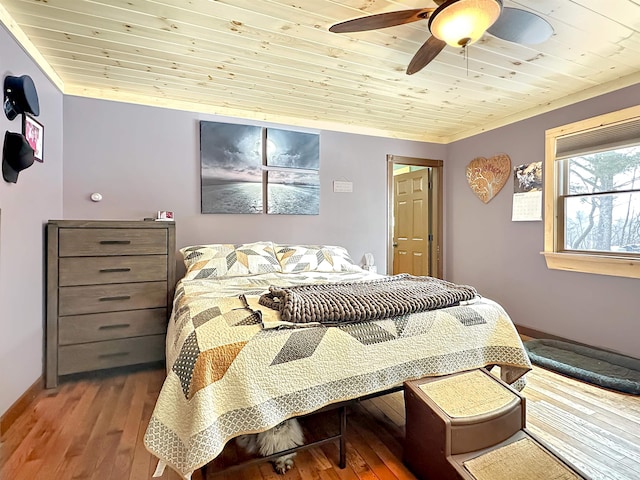 bedroom with wooden ceiling, ceiling fan, and wood finished floors