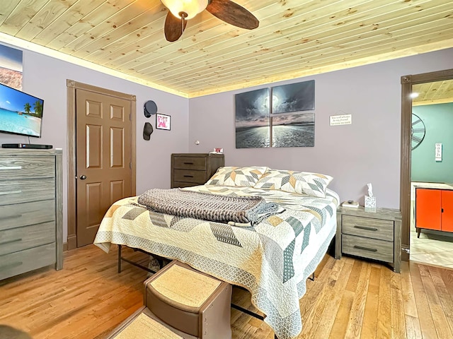 bedroom with wood ceiling, light wood-style flooring, and a ceiling fan