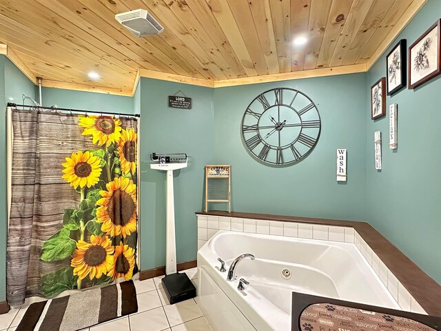 full bathroom with curtained shower, visible vents, wood ceiling, a tub with jets, and tile patterned floors