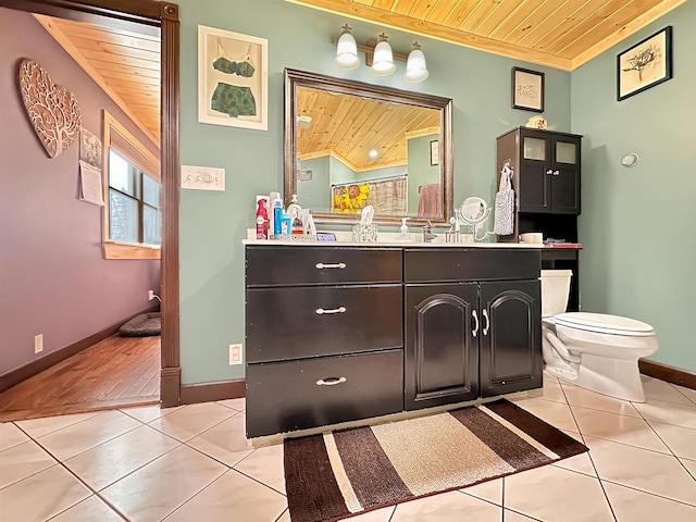 full bathroom with tile patterned flooring, wooden ceiling, vanity, and toilet