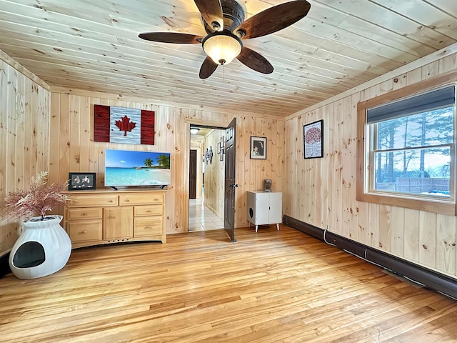 interior space with light wood-type flooring, wooden ceiling, and wood walls