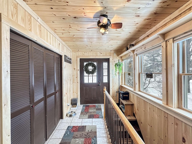 interior space with a ceiling fan, wooden ceiling, and wood walls