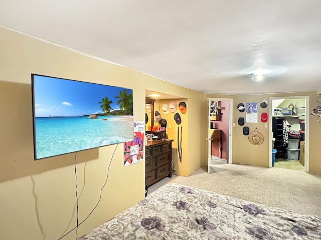 bedroom featuring light carpet