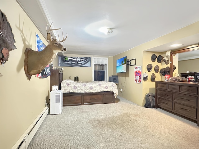 carpeted bedroom with baseboard heating