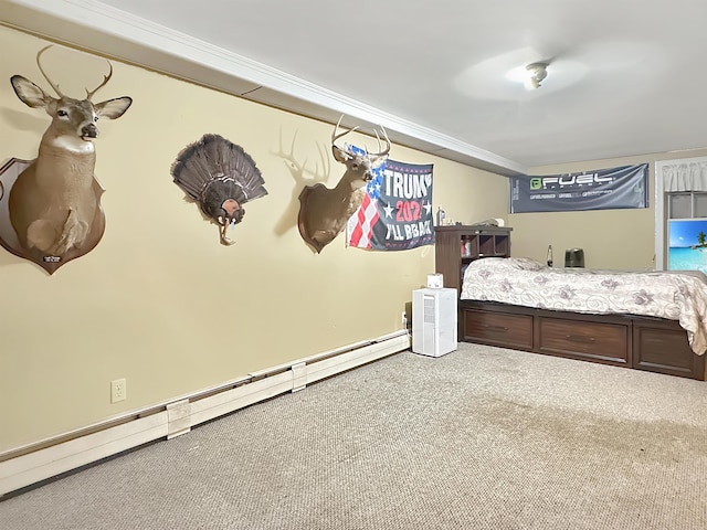 carpeted bedroom with baseboard heating