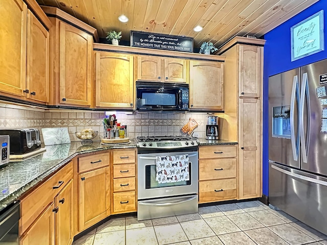 kitchen featuring wooden ceiling, light tile patterned flooring, decorative backsplash, black appliances, and dark stone countertops