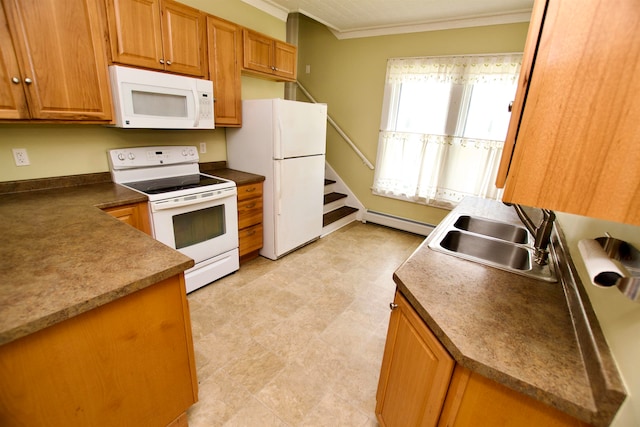 kitchen featuring light tile patterned flooring, sink, white appliances, a baseboard heating unit, and crown molding