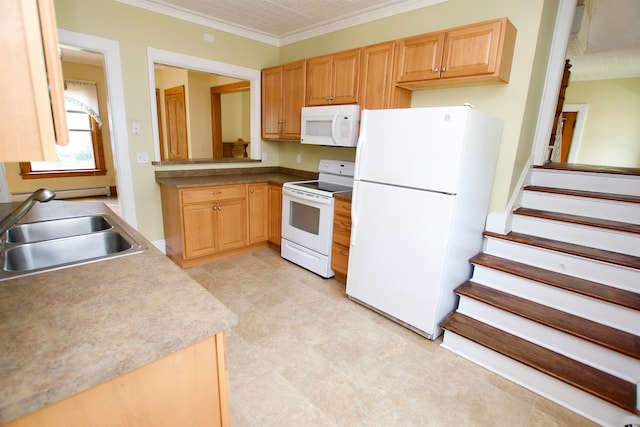 kitchen featuring sink, crown molding, light tile patterned flooring, and white appliances