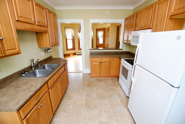 kitchen featuring light tile patterned flooring, sink, ornamental molding, white appliances, and a baseboard heating unit