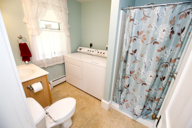 bathroom featuring separate washer and dryer, a baseboard radiator, tile patterned flooring, vanity, and toilet