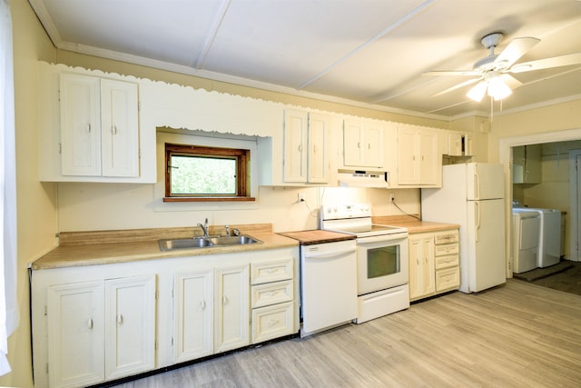 kitchen with sink, white appliances, ventilation hood, and light hardwood / wood-style flooring