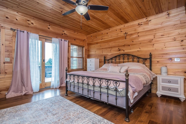 bedroom with ceiling fan, wooden walls, dark hardwood / wood-style floors, and wood ceiling