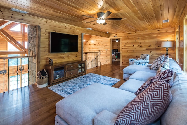 living room featuring wooden ceiling, dark hardwood / wood-style flooring, wooden walls, and ceiling fan