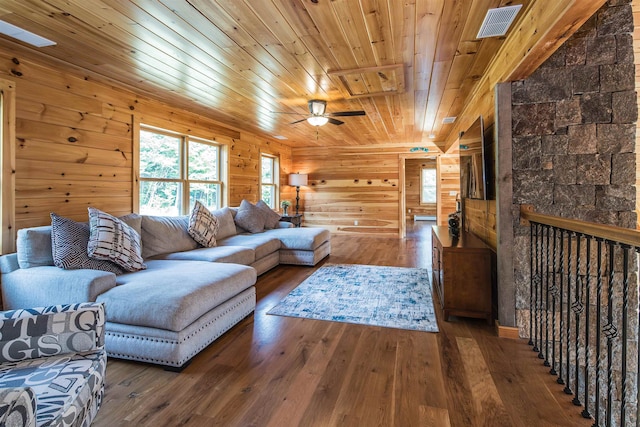 living room featuring ceiling fan, wood walls, dark wood-type flooring, and wooden ceiling