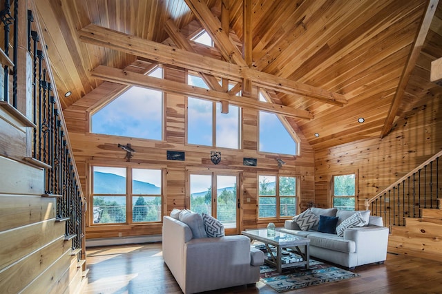 living room featuring beam ceiling, wooden walls, a baseboard heating unit, high vaulted ceiling, and hardwood / wood-style floors