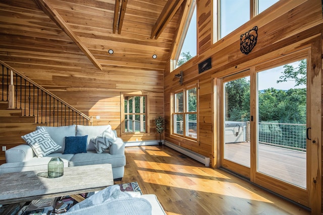 sunroom with a baseboard radiator, lofted ceiling with beams, and wooden ceiling