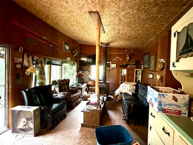 living room featuring a wood stove