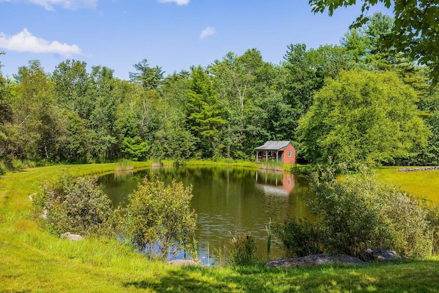 view of water feature with a wooded view