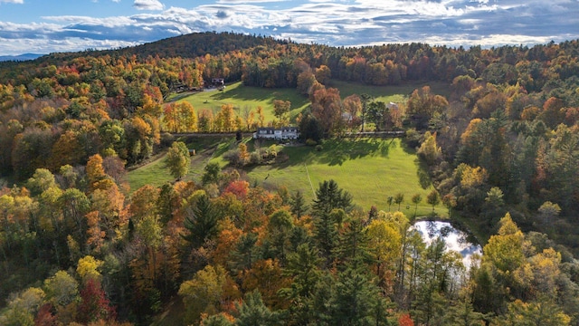 bird's eye view with a wooded view and a mountain view