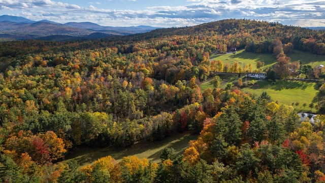 bird's eye view featuring a forest view and a mountain view