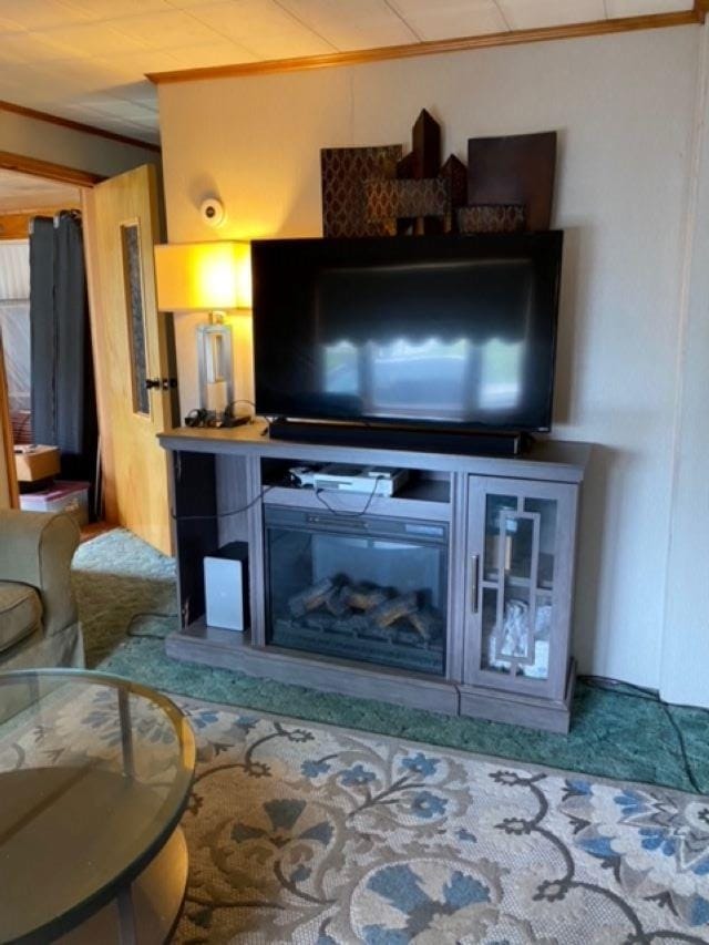 carpeted living room featuring crown molding