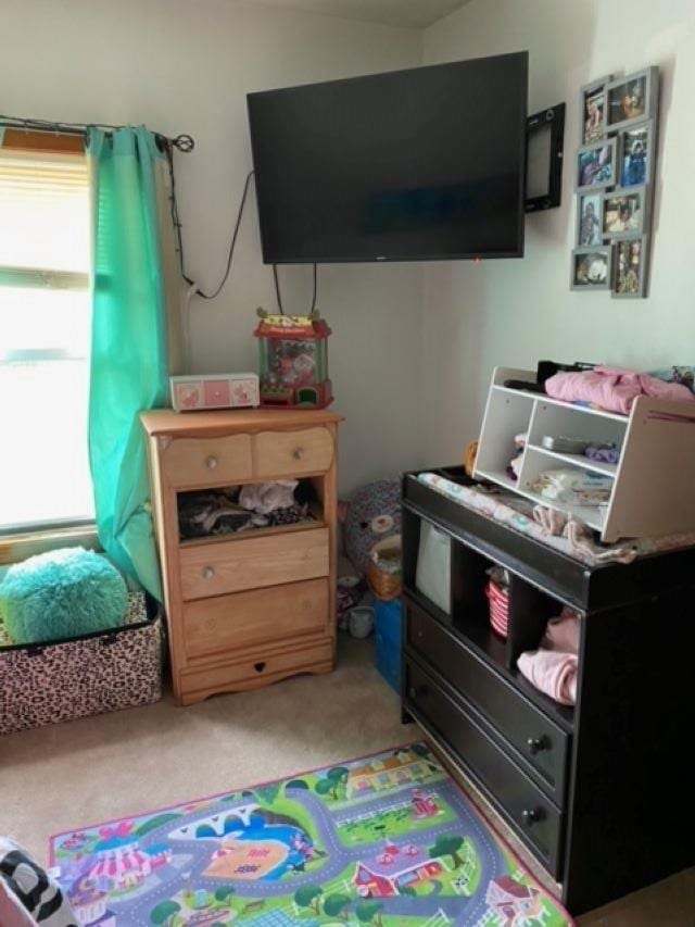 recreation room featuring light carpet