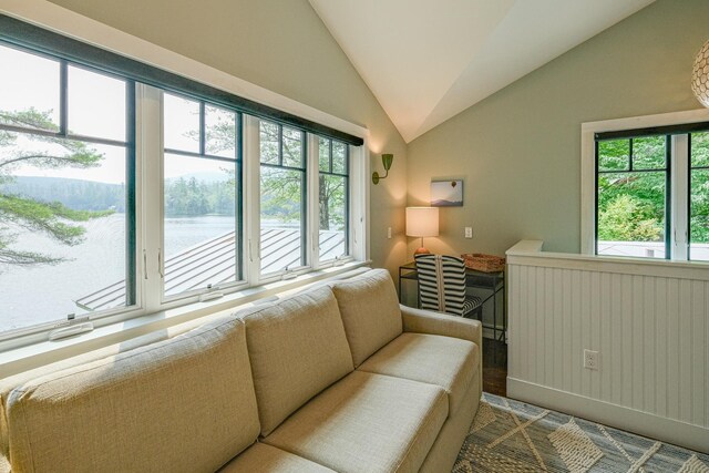 bathroom with vanity, a healthy amount of sunlight, and vaulted ceiling