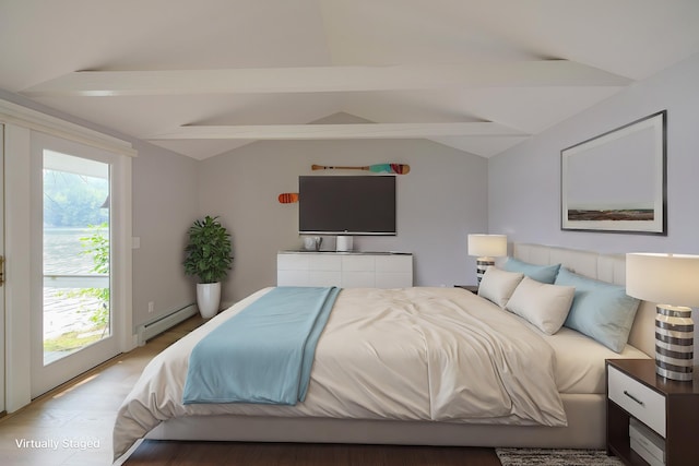 bedroom with wood-type flooring, lofted ceiling with beams, multiple windows, and a baseboard heating unit