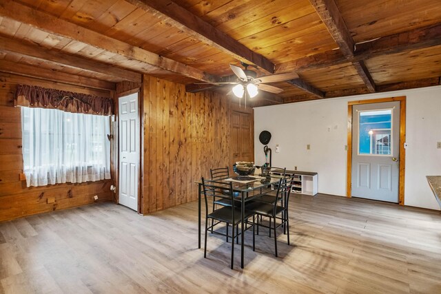 14 School St, Highgate, VT 05459 - dining space with wood ceiling, beam ceiling, wooden walls, and wood finished floors