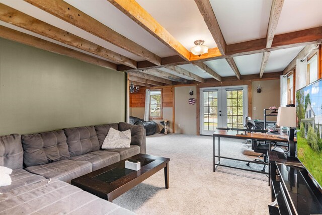 14 School St, Highgate, VT 05459 - living area featuring light colored carpet, beamed ceiling, and french doors