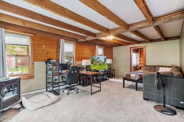 14 School St, Highgate, VT 05459 - carpeted office with wooden walls, beamed ceiling, and a wood stove