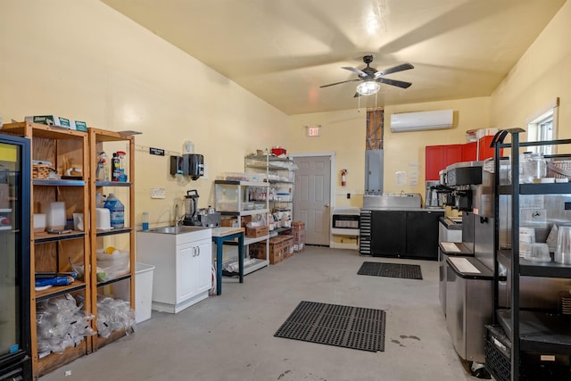 interior space with a ceiling fan, electric panel, a wall unit AC, and concrete floors