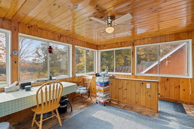 sunroom / solarium with wooden ceiling and a ceiling fan