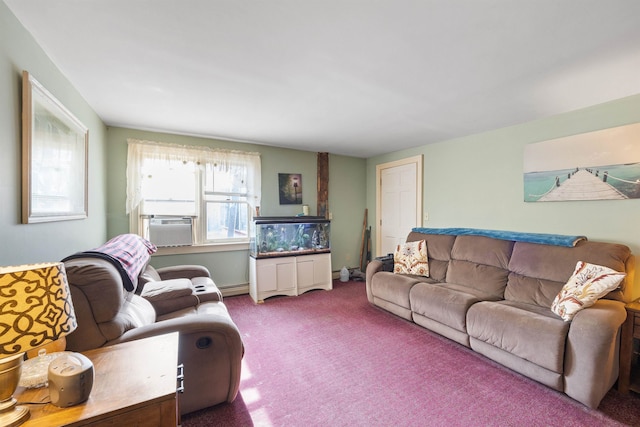 living room with carpet flooring and baseboard heating