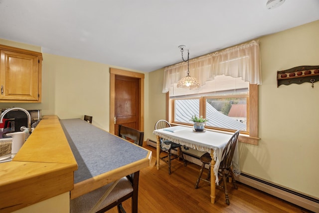 dining space with a baseboard radiator and wood finished floors