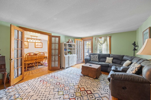 living room featuring a textured ceiling, wood finished floors, and french doors