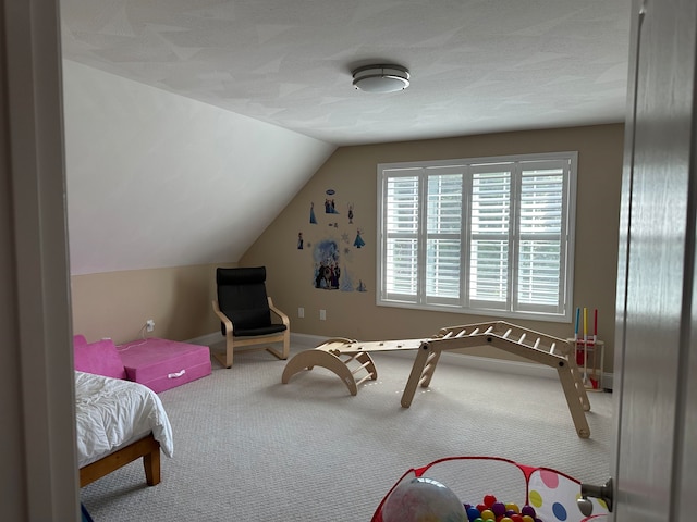 interior space featuring a textured ceiling and vaulted ceiling