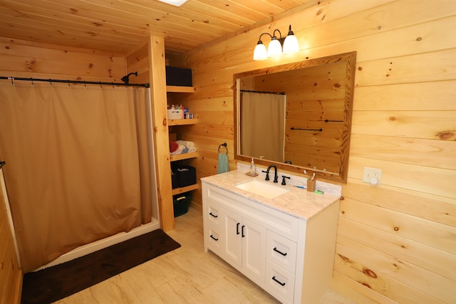 bathroom featuring wood ceiling, hardwood / wood-style floors, a shower with shower curtain, and vanity