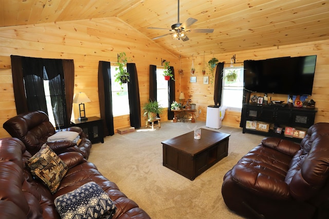 living room with ceiling fan, vaulted ceiling, light colored carpet, and wood ceiling