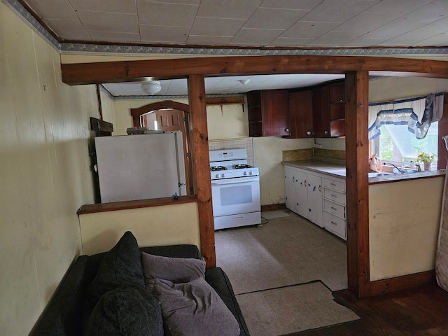 kitchen featuring hardwood / wood-style floors and white appliances