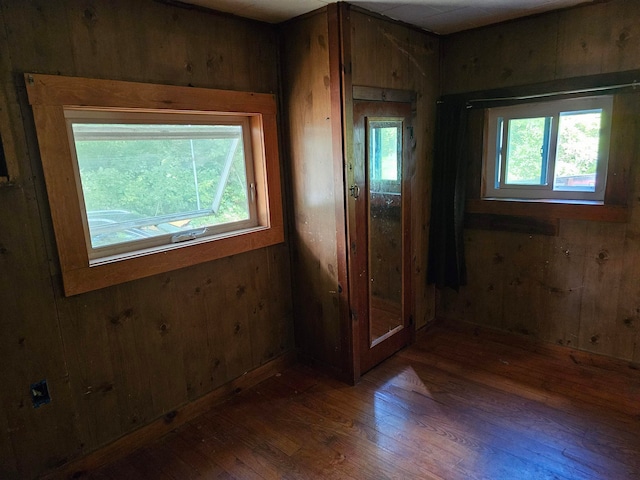 spare room featuring a wealth of natural light, wood walls, and dark hardwood / wood-style floors