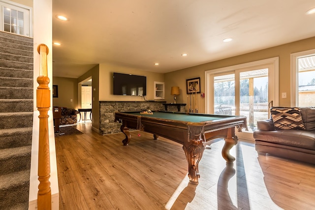 playroom featuring pool table and light hardwood / wood-style flooring