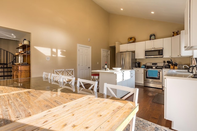 dining area featuring sink, high vaulted ceiling, and dark hardwood / wood-style floors