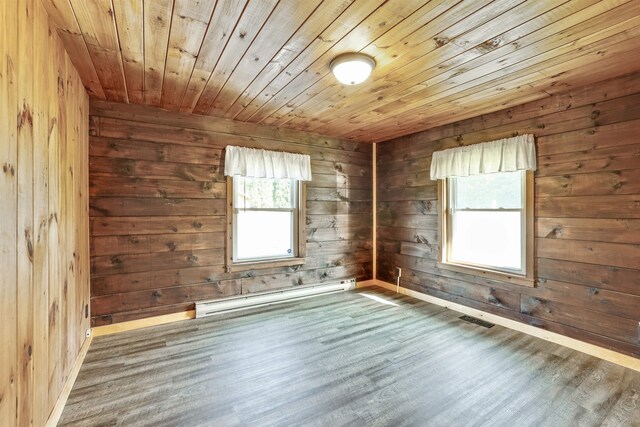 spare room featuring wood walls, a baseboard heating unit, wood ceiling, and wood-type flooring