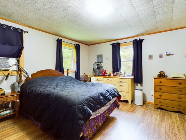 bedroom featuring light hardwood / wood-style floors, cooling unit, and multiple windows