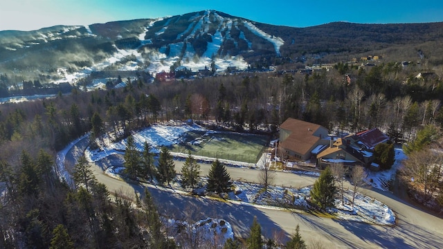 snowy aerial view featuring a mountain view