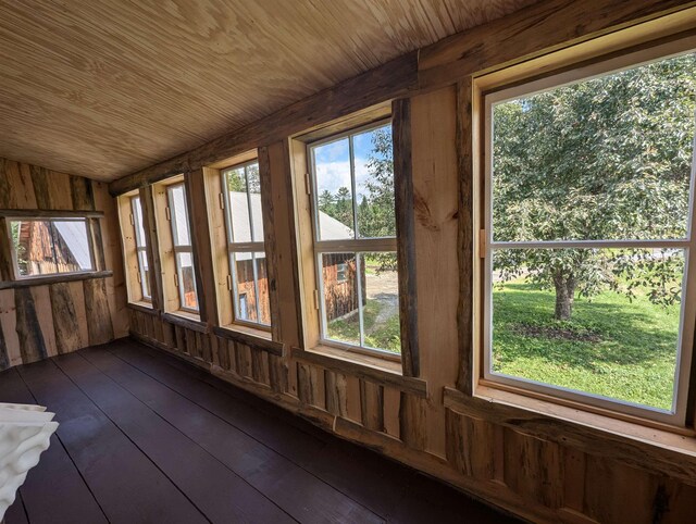 2454 W Barnet Rd, Barnet, VT 05821 - unfurnished sunroom with wooden walls, wood ceiling, wood-type flooring, and vaulted ceiling
