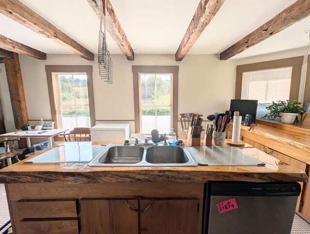 2454 W Barnet Rd, Barnet, VT 05821 - kitchen featuring dishwasher, a sink, beam ceiling, healthy amount of natural light, and a center island with sink